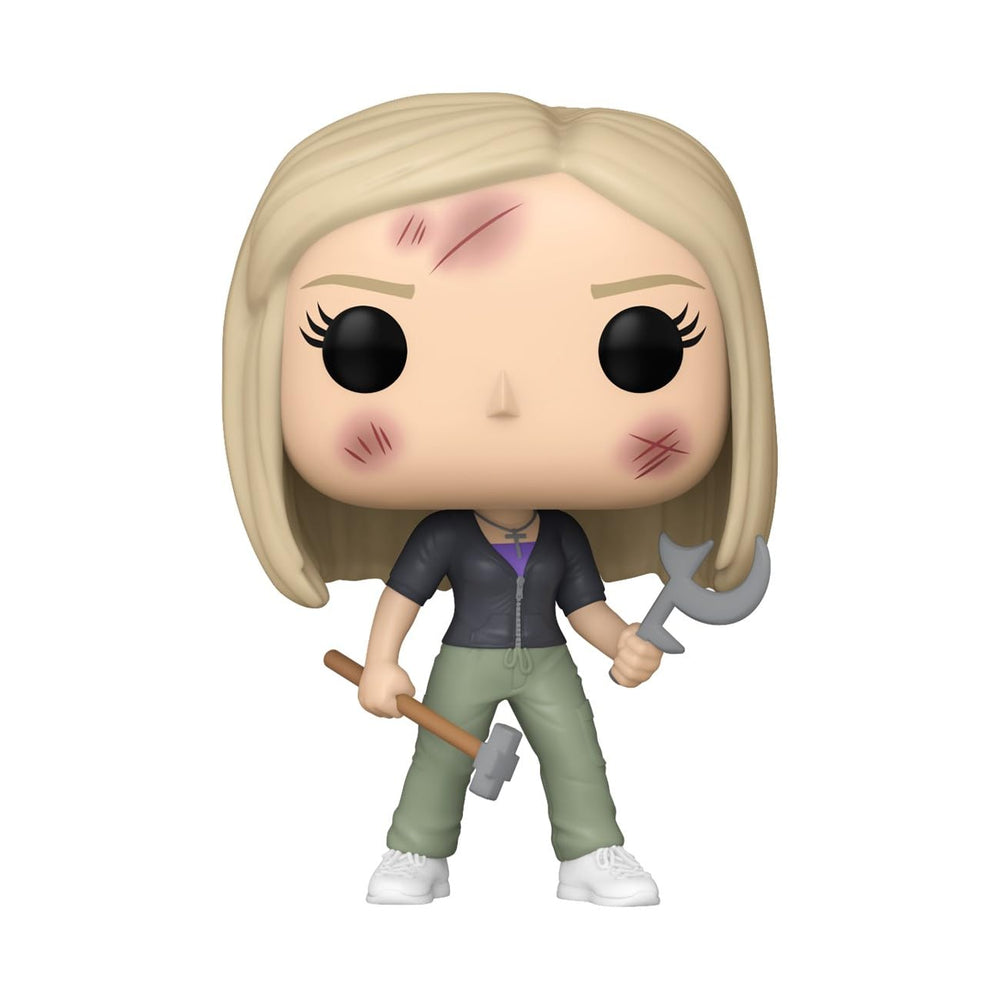 Buffy Summers with Weapons Funko Pop close-up, official Buffy merchandise for fans.