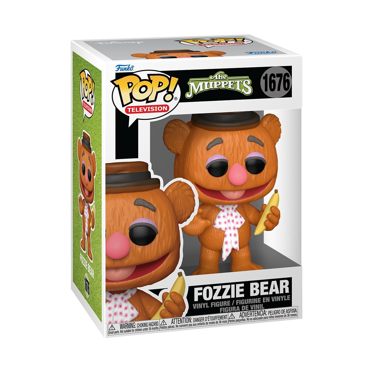 Funko Pop! The Muppets Fozzie Bear figure on display shelf, ideal for collectors.