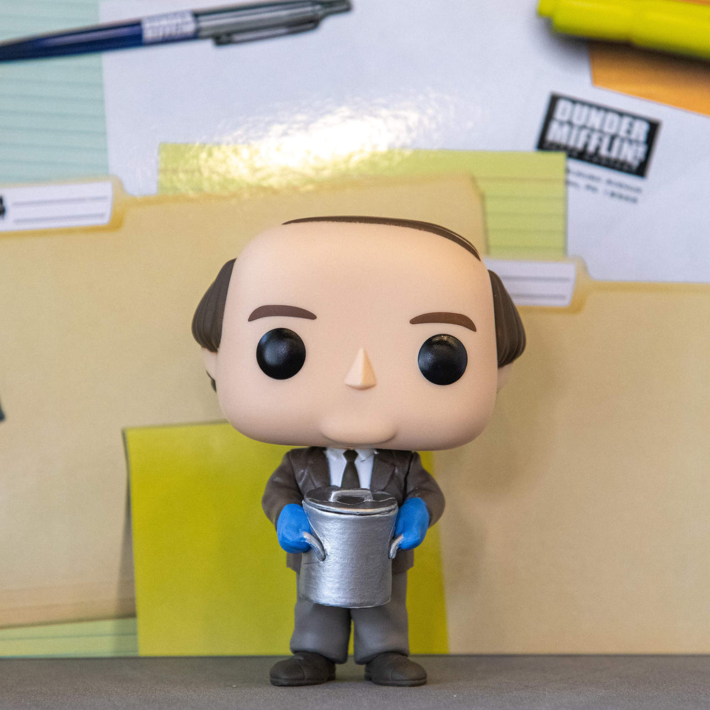 Funko Pop! TV Office Kevin Malone with Chili on shelf display.