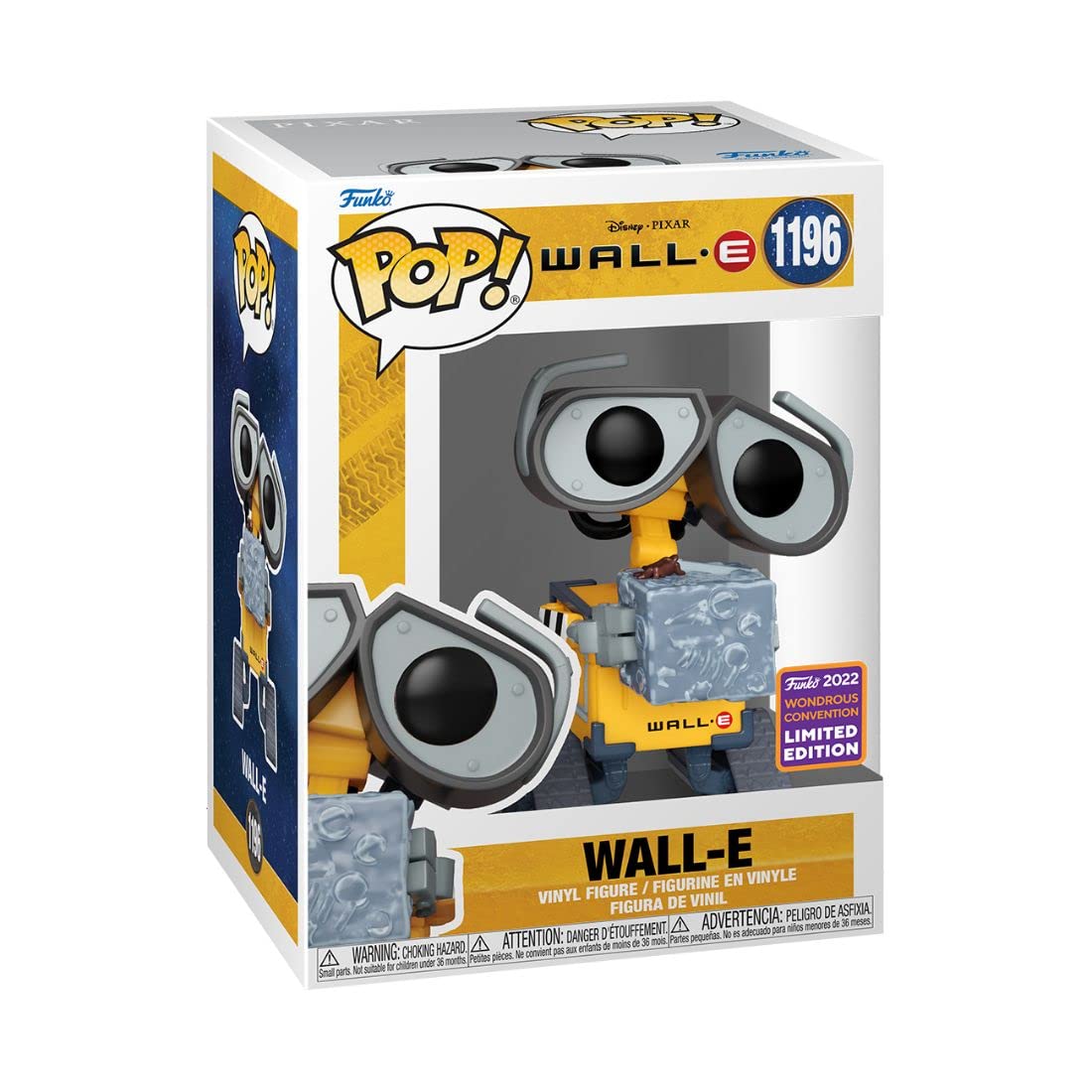 Funko Pop Disney WALL-E raises arms with detailed trash cube for display.