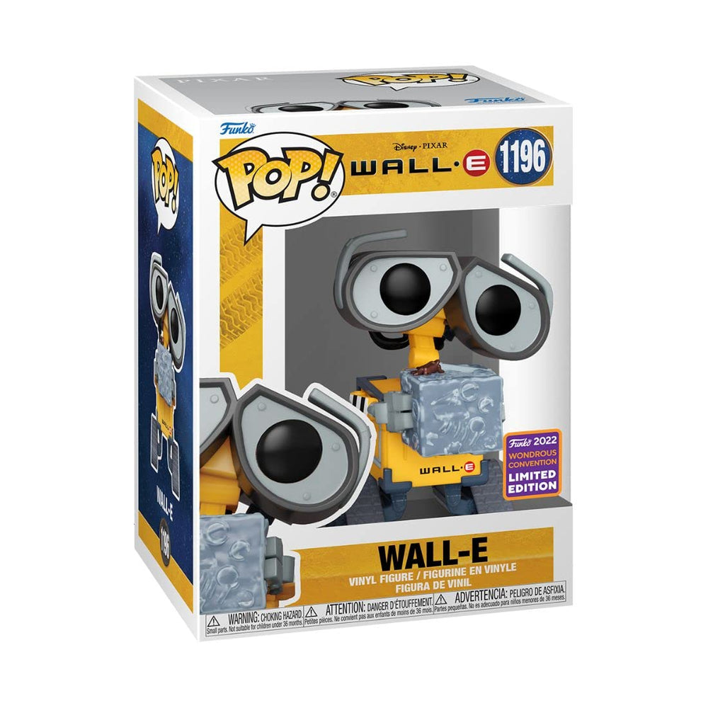 Funko Pop Disney WALL-E raises arms with detailed trash cube for display.