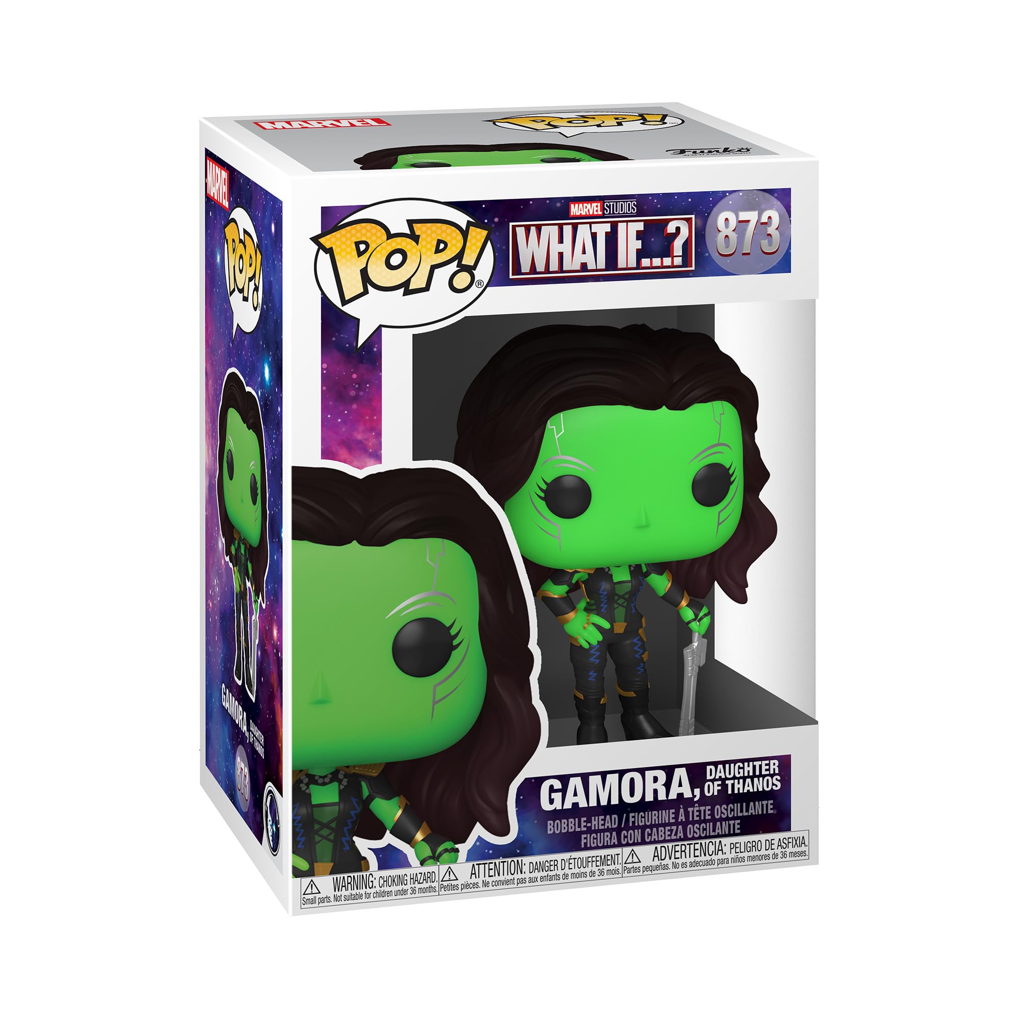 Funko Pop What If Gamora Daughter of Thanos figurine for display and collection.