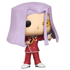 Funko Pop Yu-Gi-Oh Maximillion Pegasus on display shelf, Millennium Eye detail catches attention.