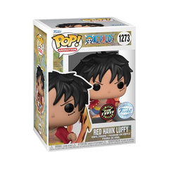 Funko Red Hawk Luffy glow detail highlights glow-in-the-dark appeal for night displays.