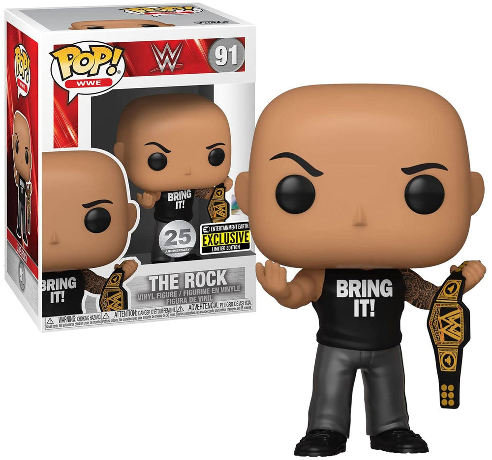 Funko The Rock figure with championship belt, ideal display for WWE fans.
