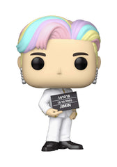 Funko Pop! Rocks BTS Jimin figurine front view, ideal for shelf display.