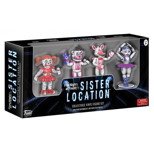 Funko Sister Location Set 1 figures display on a decorative shelf.