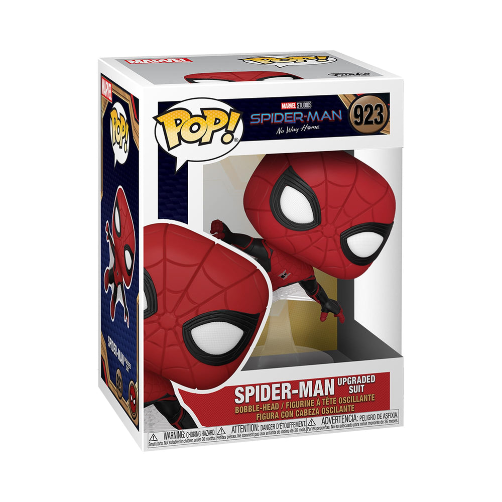 Funko Spider-Man Upgraded Suit figure front view for shelf display