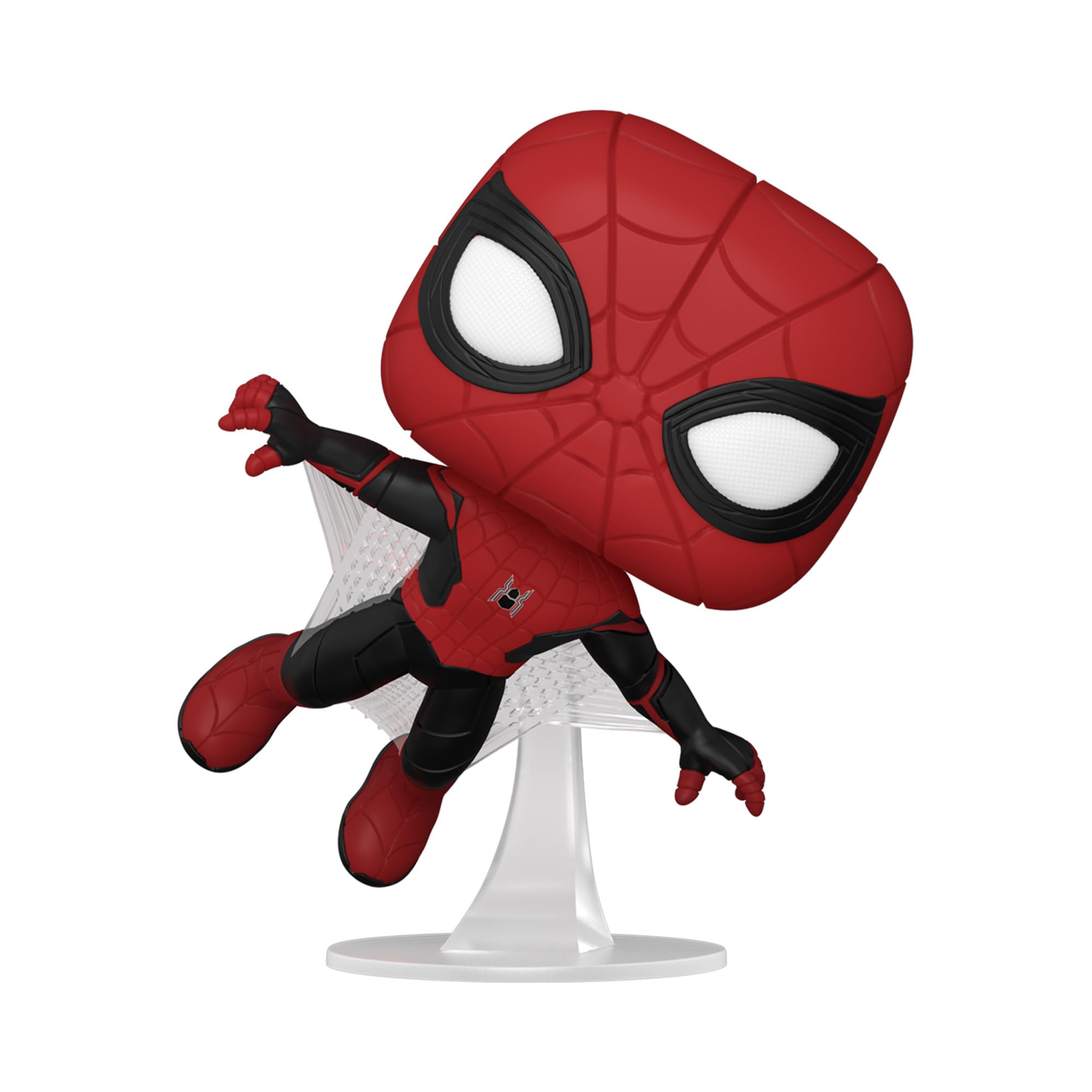 Funko Spider-Man Upgraded Suit bobblehead in dynamic pose, desk display ready