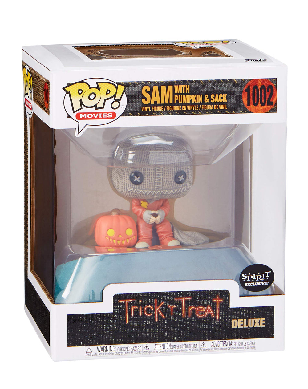 Funko Spirit Halloween Sam POP! Deluxe close-up emphasizes vinyl texture and detail.