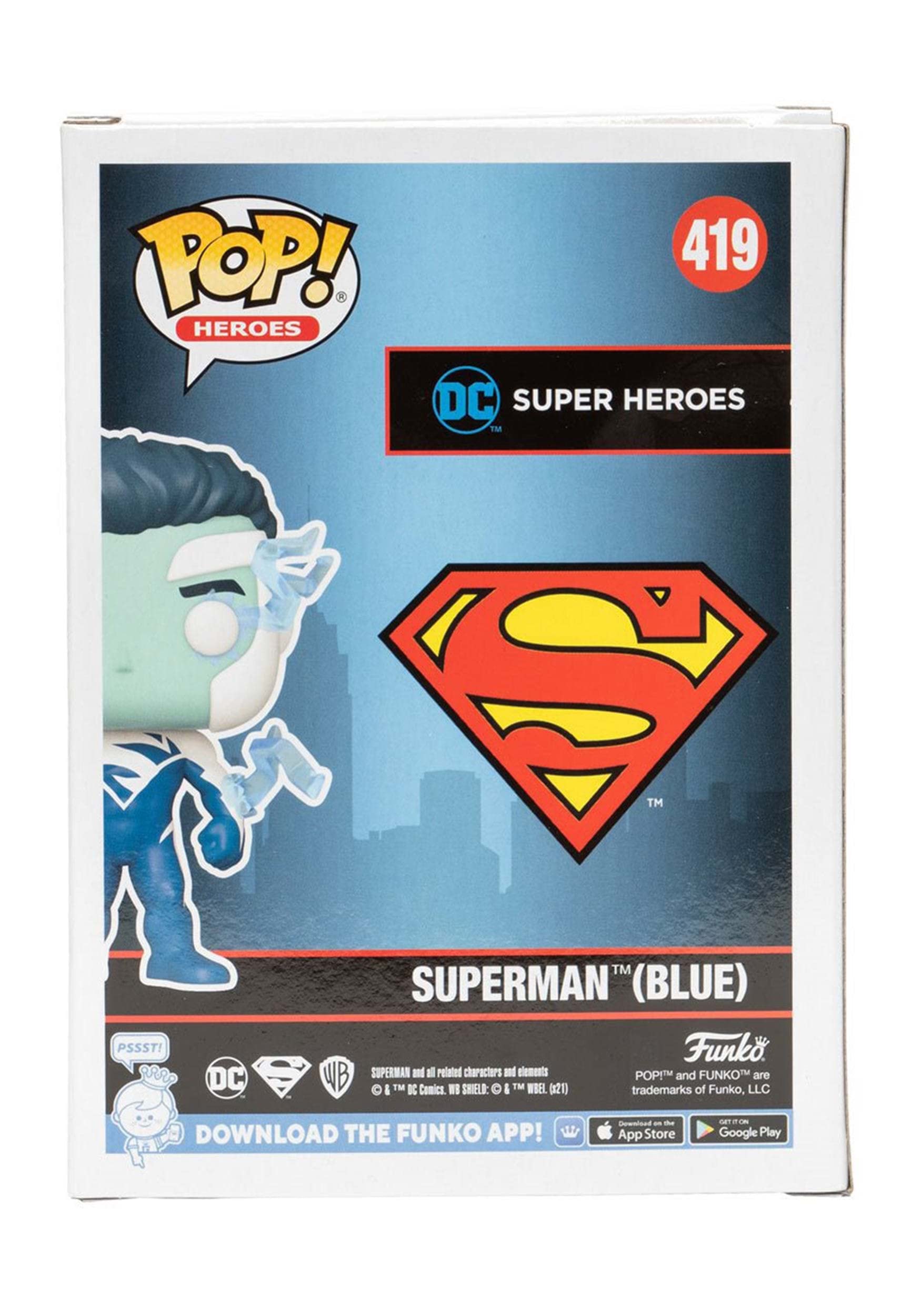 Funko Superman Blue Pop! box art emphasizes collector-friendly presentation.