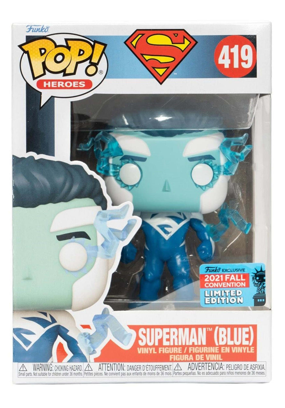 Funko Superman Blue Pop! close-up reveals crisp paint and sculpted details.