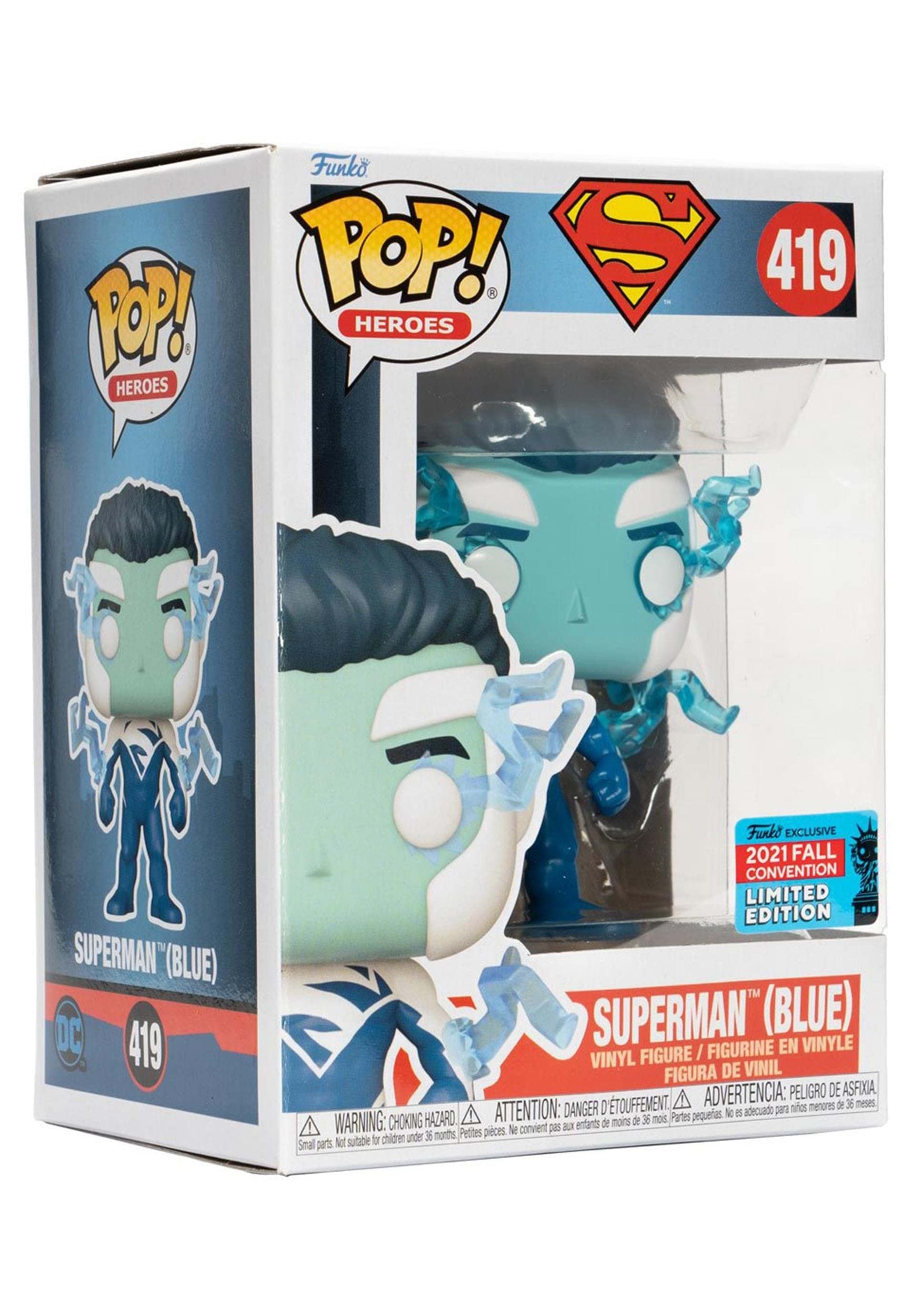 Funko Superman Blue Pop! on shelf adds DC hero charm.