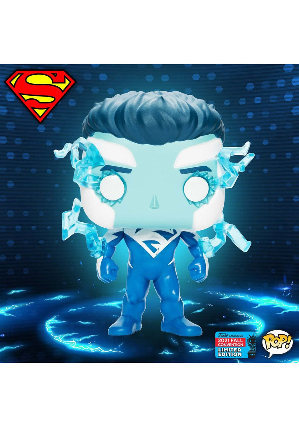 Funko Superman Blue Pop! packaging highlights convention-exclusive status.