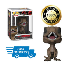 Funko Velociraptor figure featured with other Jurassic Park Pop collectibles