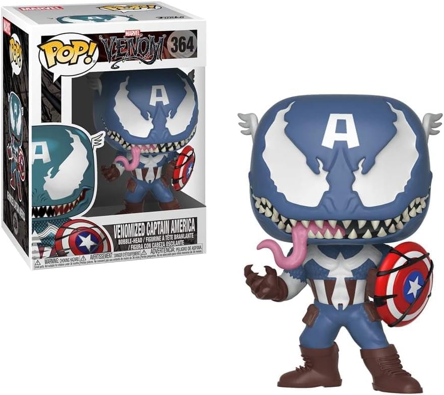 Funko Venom Captain America figure in-window display box for collectors.