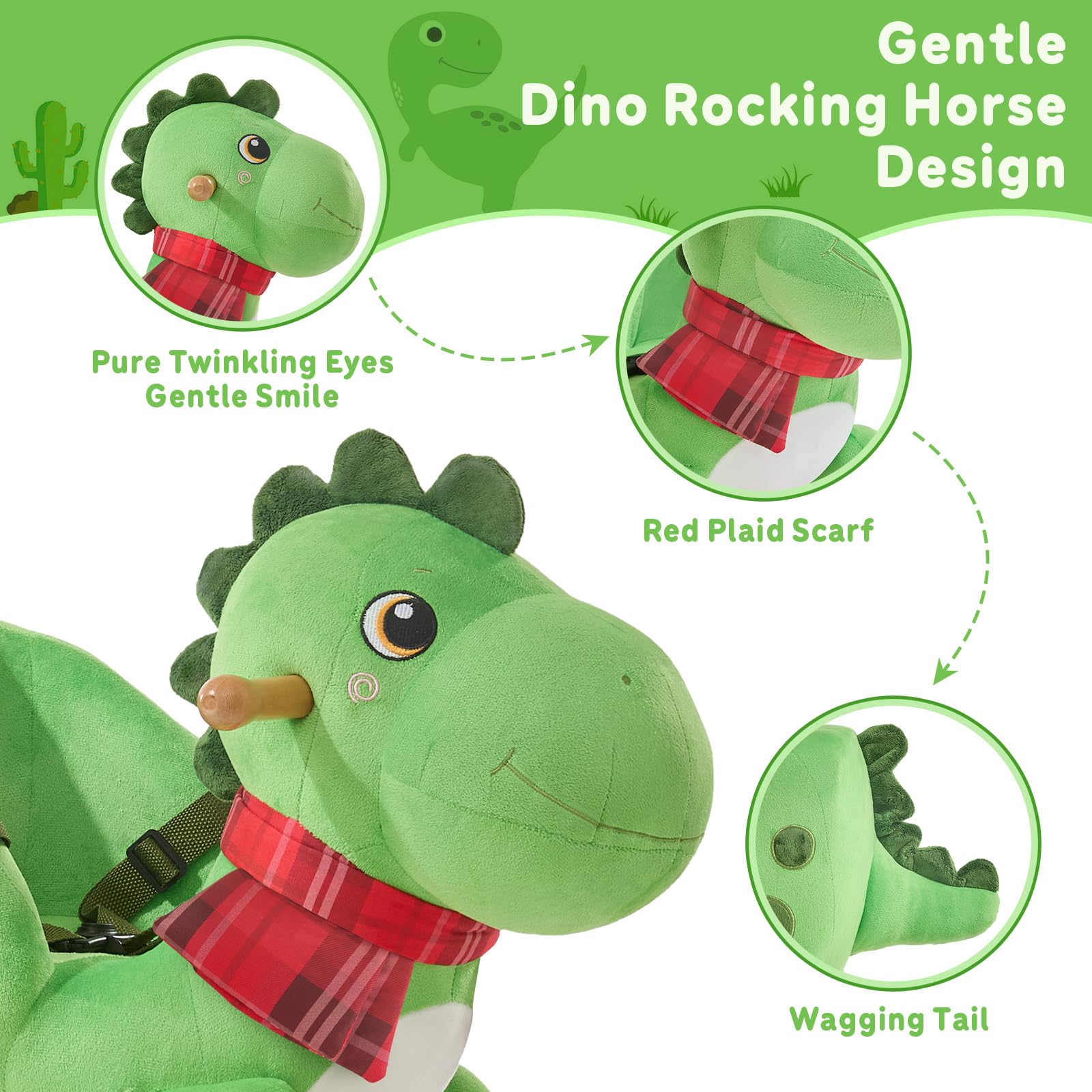 FUNLIO Dino rocking horse features big eyes and friendly smile