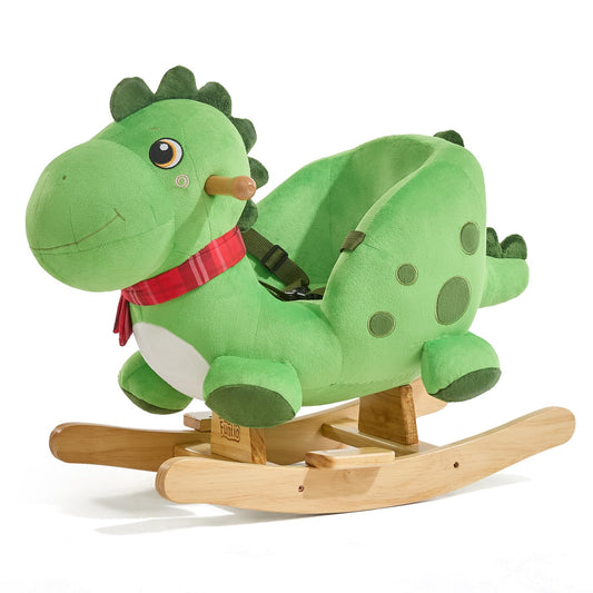 FUNLIO Dino rocking horse in green plush for safe toddler ride