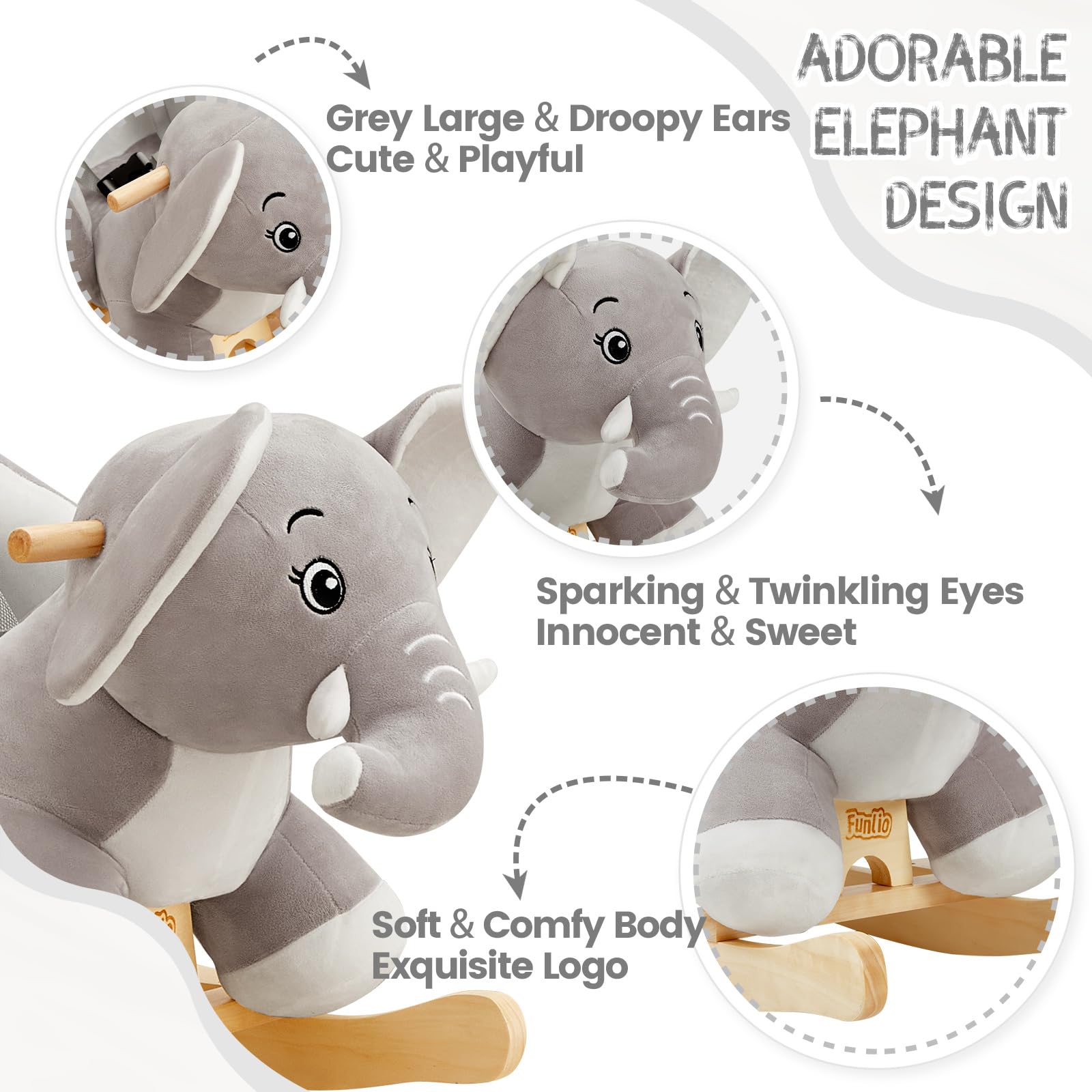 FUNLIO Elephant rocker seat buckle ensuring secure seating during play.