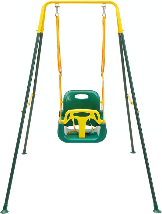 FUNLIO toddler swing with foldable stand for flexible indoor or outdoor play.