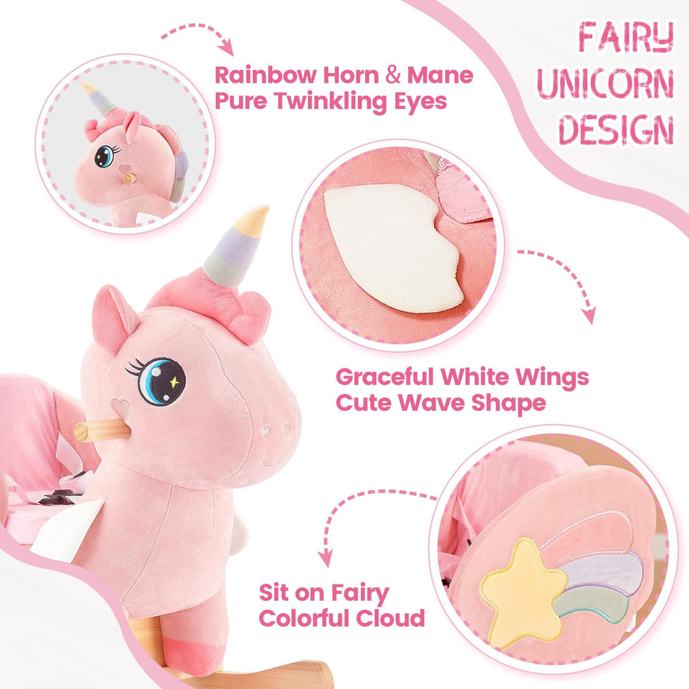 FUNLIO unicorn rocking horse features a solid wood frame for durable use.