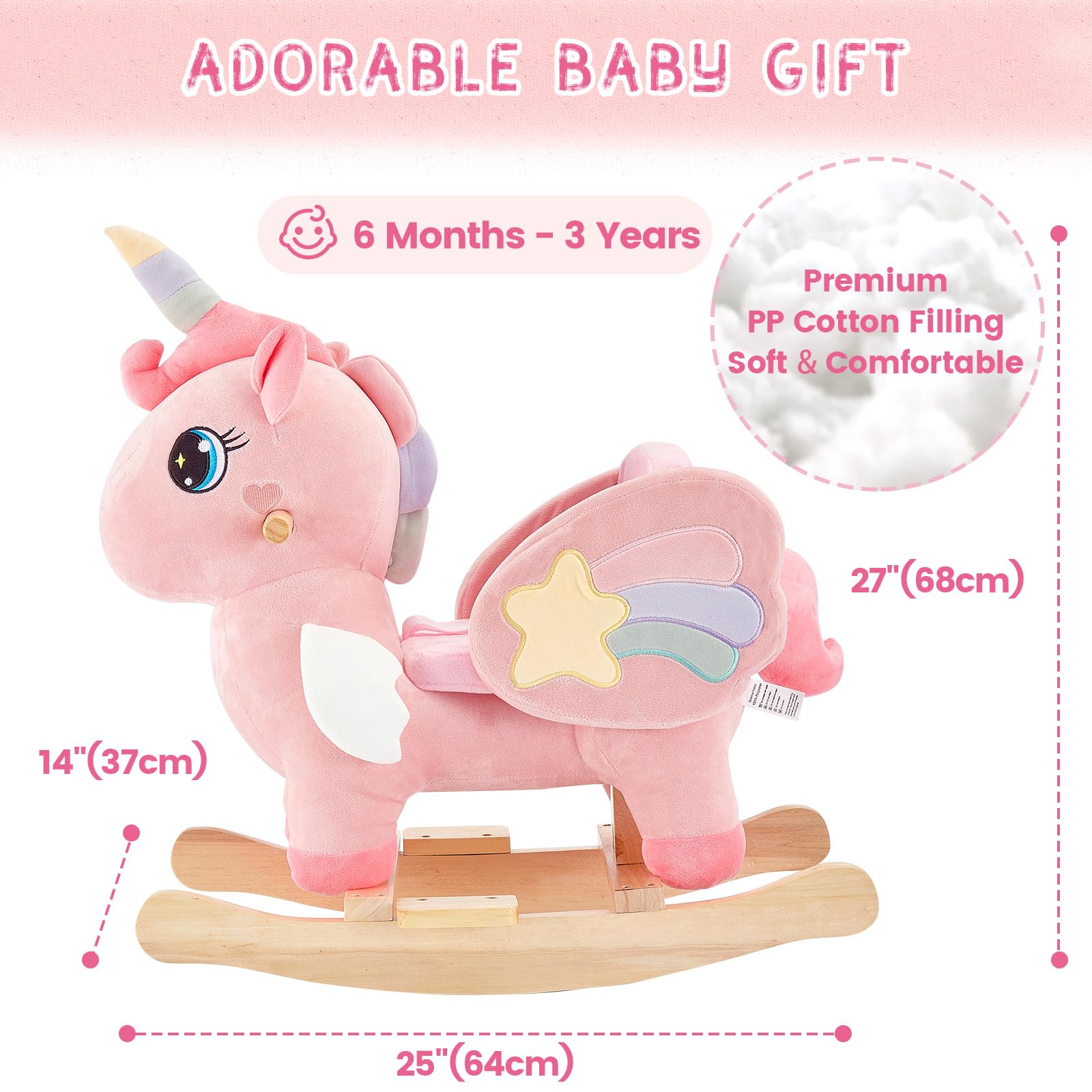 FUNLIO unicorn dimensions 25L x 14W x 27H inches fit compact spaces.
