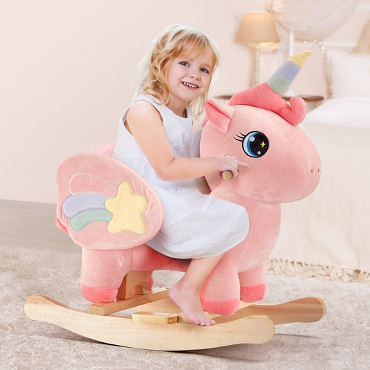 FUNLIO unicorn rocking horse with twinkling eyes adds magical charm to playtime.