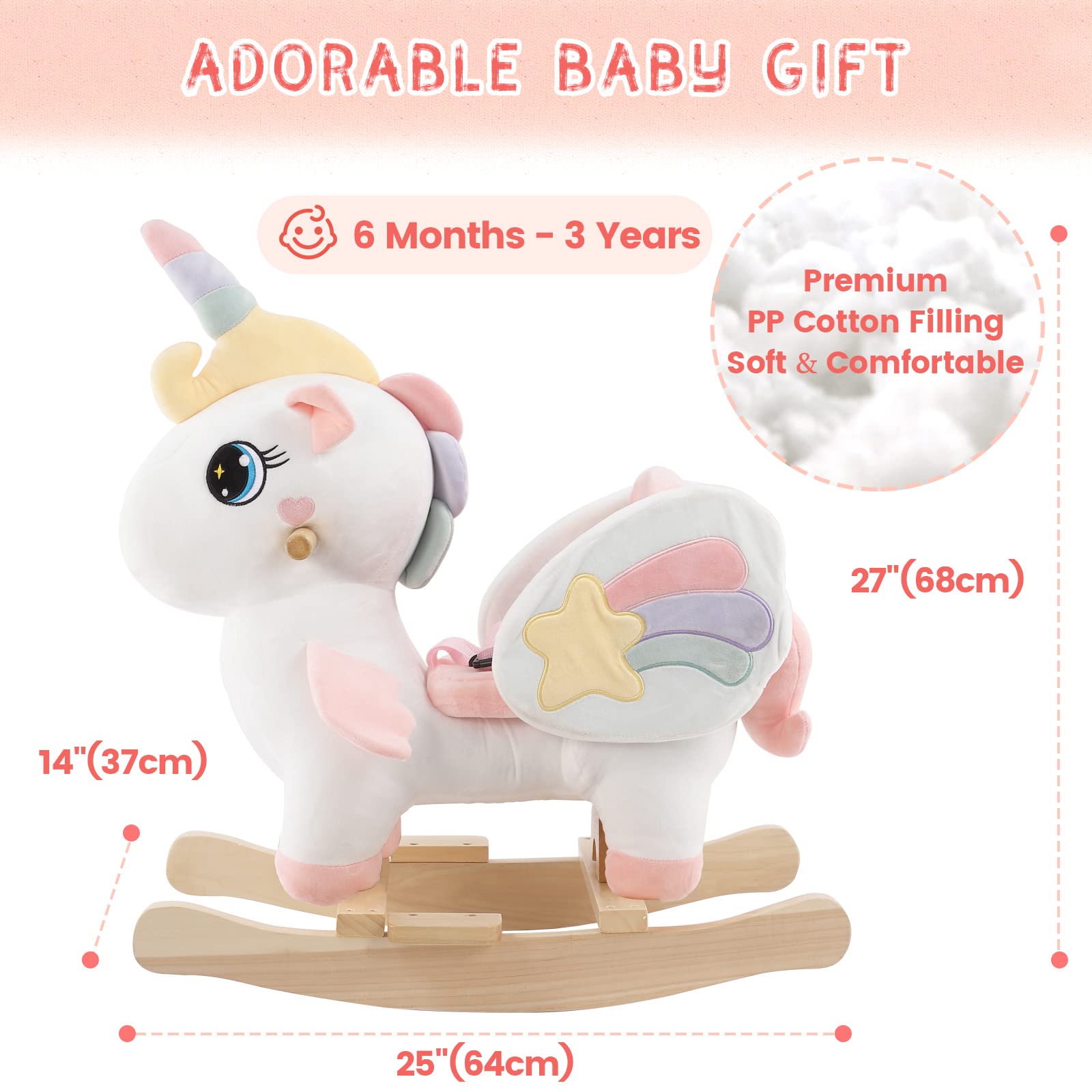 Funlio unicorn rocking horse wooden base shows sturdy construction