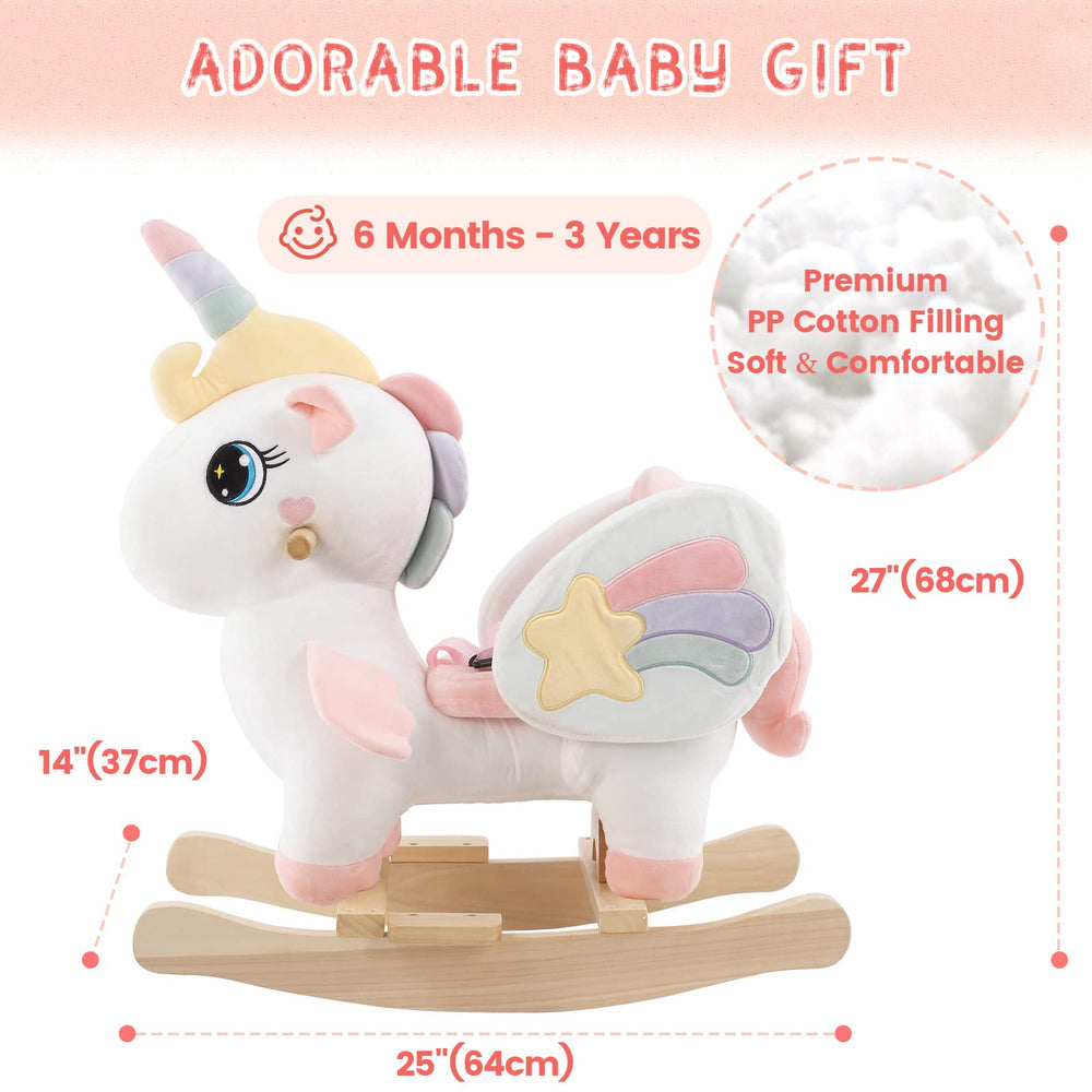 Funlio unicorn rocking horse wooden base shows sturdy construction