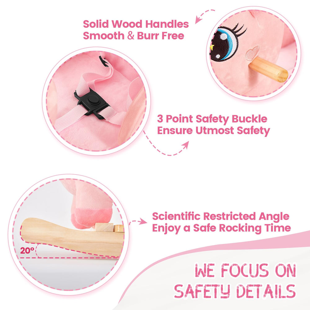 FUNLIO unicorn safety buckle and 20-degree base support secure rocking sessions.