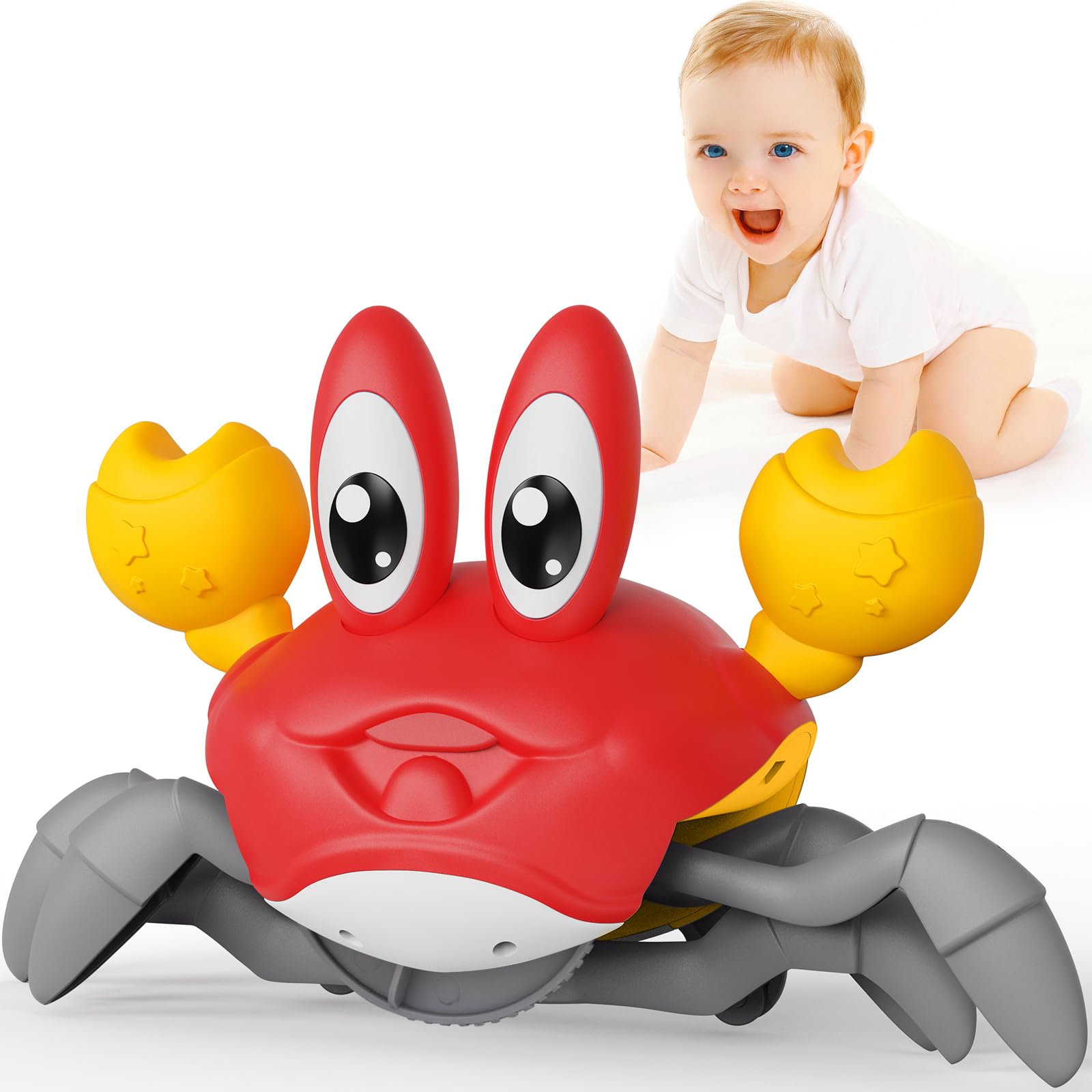 FunMission Crawling Crab toy demonstrates sideways movement for tummy-time routines.