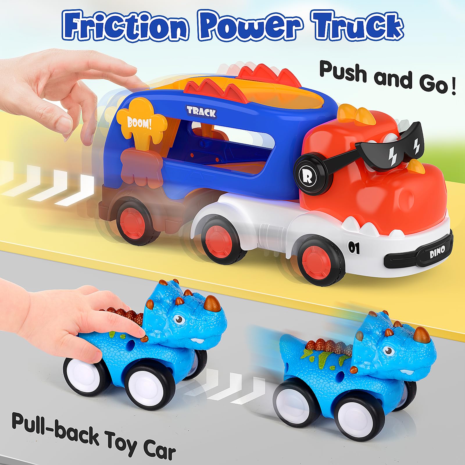 FunMission red pull-back dinosaur car speeds across playtime