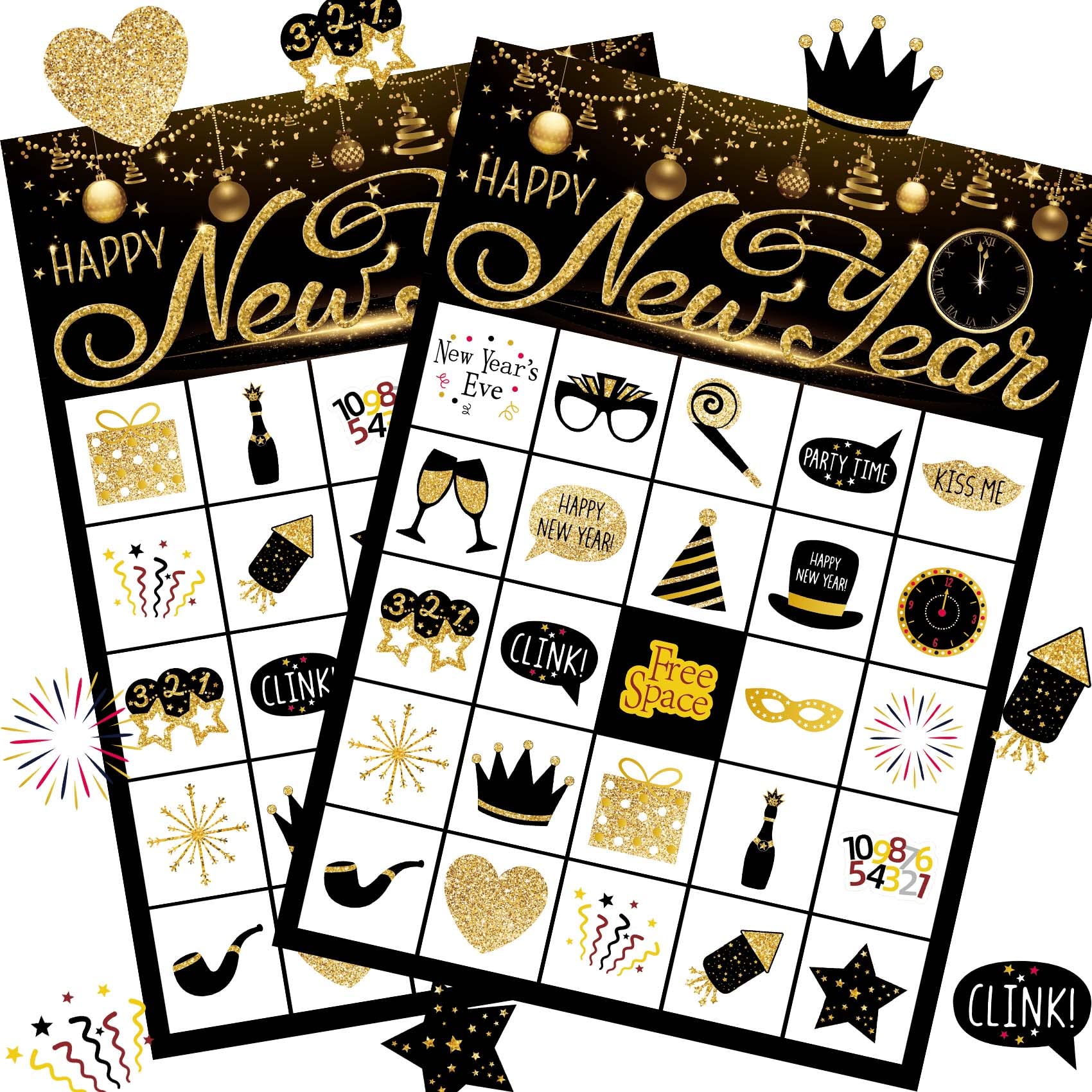Funnlot New Year Eve Bingo cards showcase 24 unique designs for engaging kids.