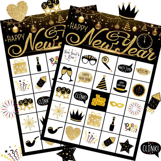 Funnlot New Year Eve Bingo cards showcase 24 unique designs for engaging kids.