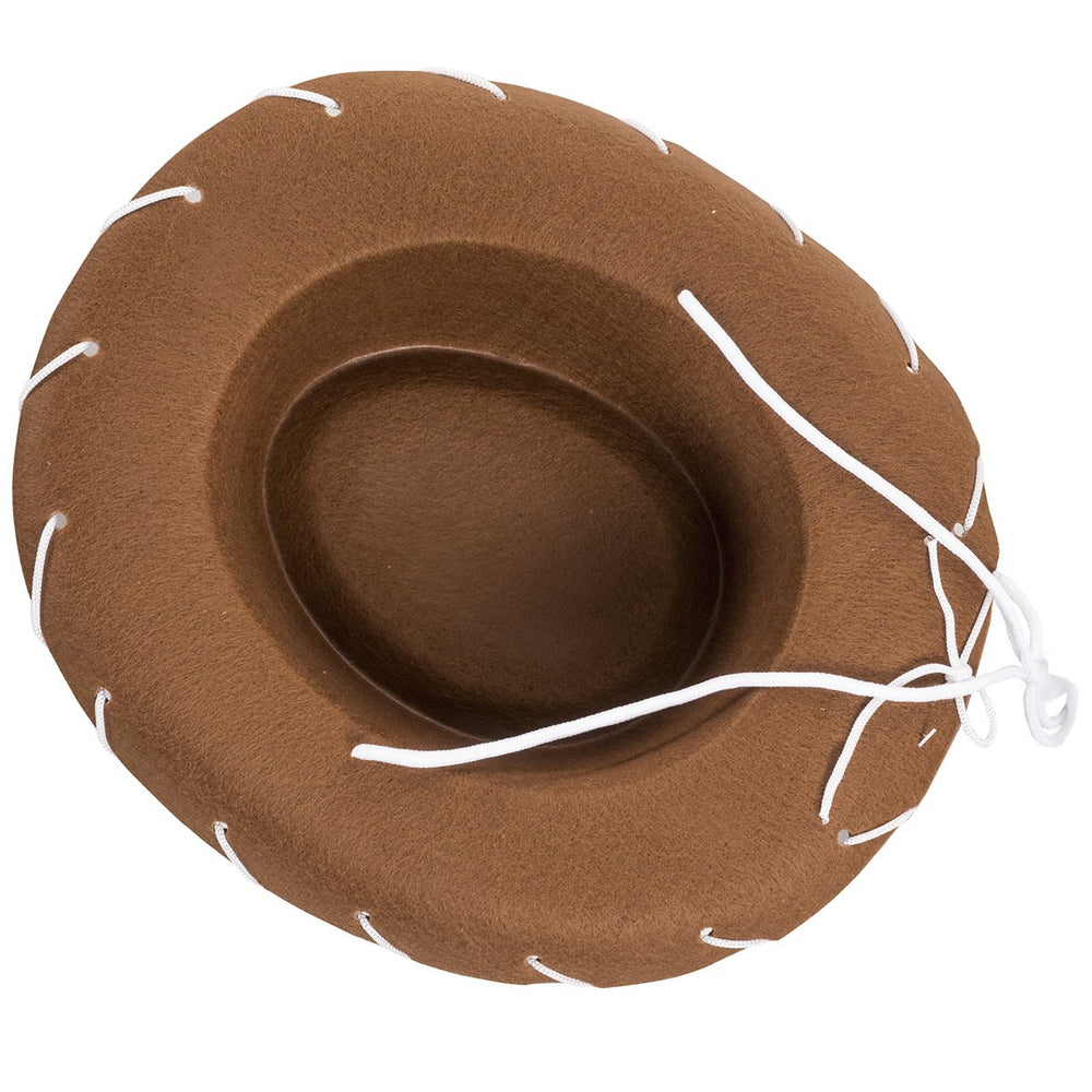 Funny Party Hats children's brown felt cowboy hat rope trim shows adjustable fit for comfort.