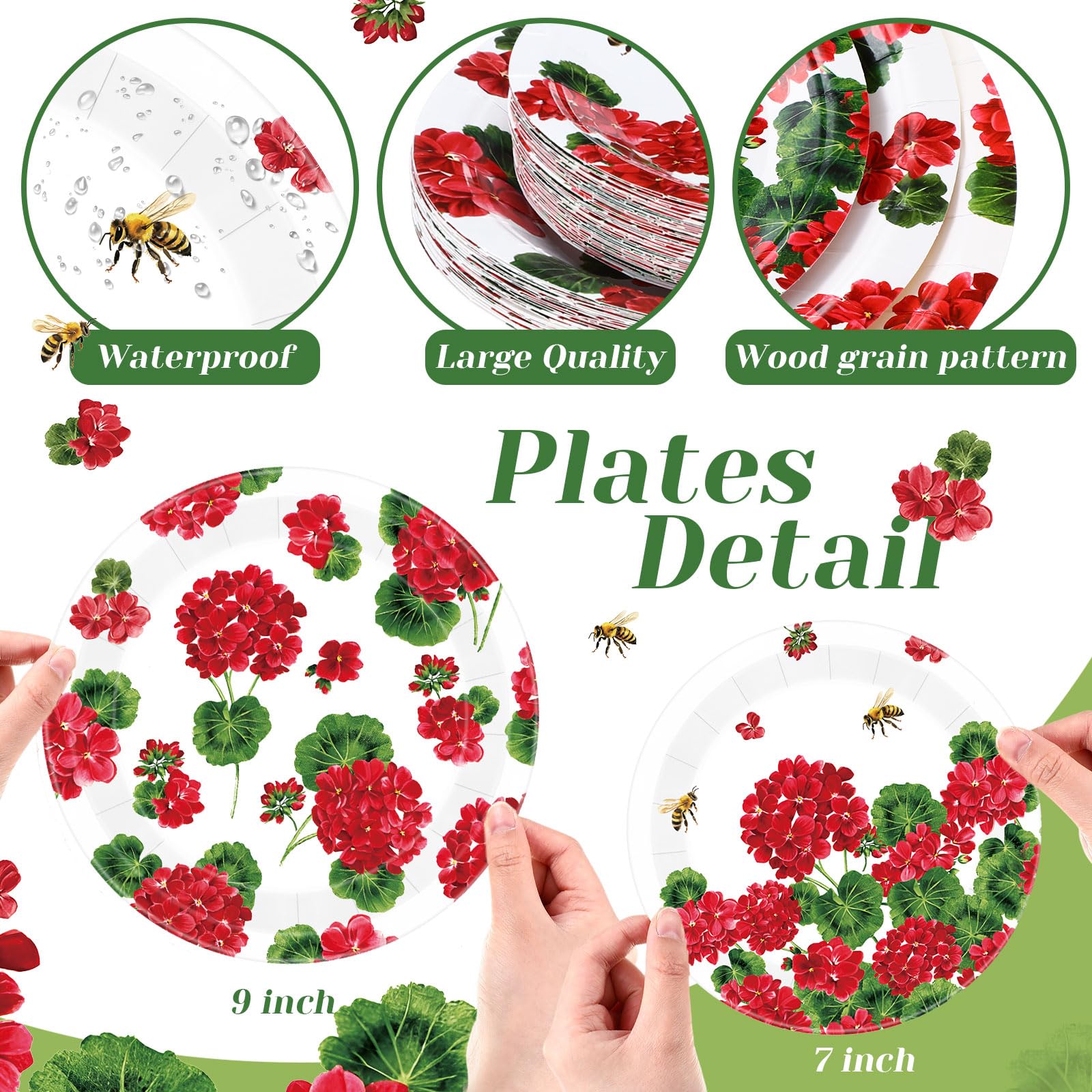 Funnymoom 7 inch geranium plates with red blooms ideal for desserts