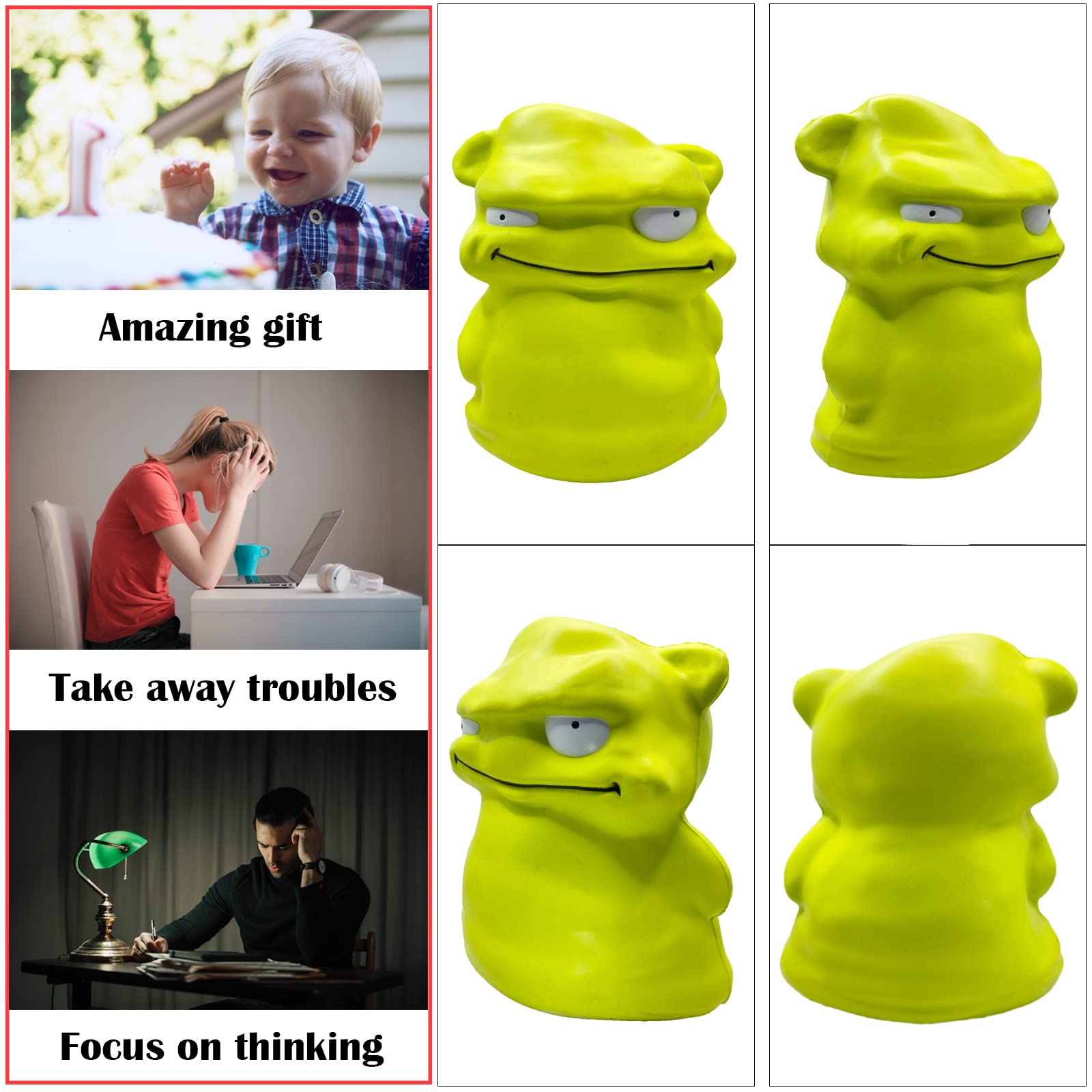 Funnysquee green monster squishy provides sensory relief and relaxation.