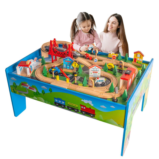 FUNPENY maglev train on wooden tracks promotes imaginative play on a sturdy table