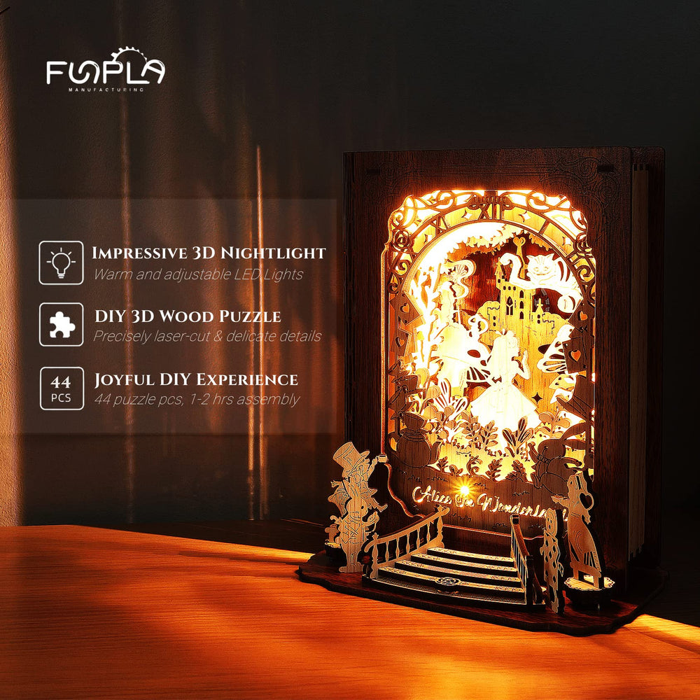 FUNPOLA Alice in Wonderland wooden lamp highlights laser-cut details for charming decor.