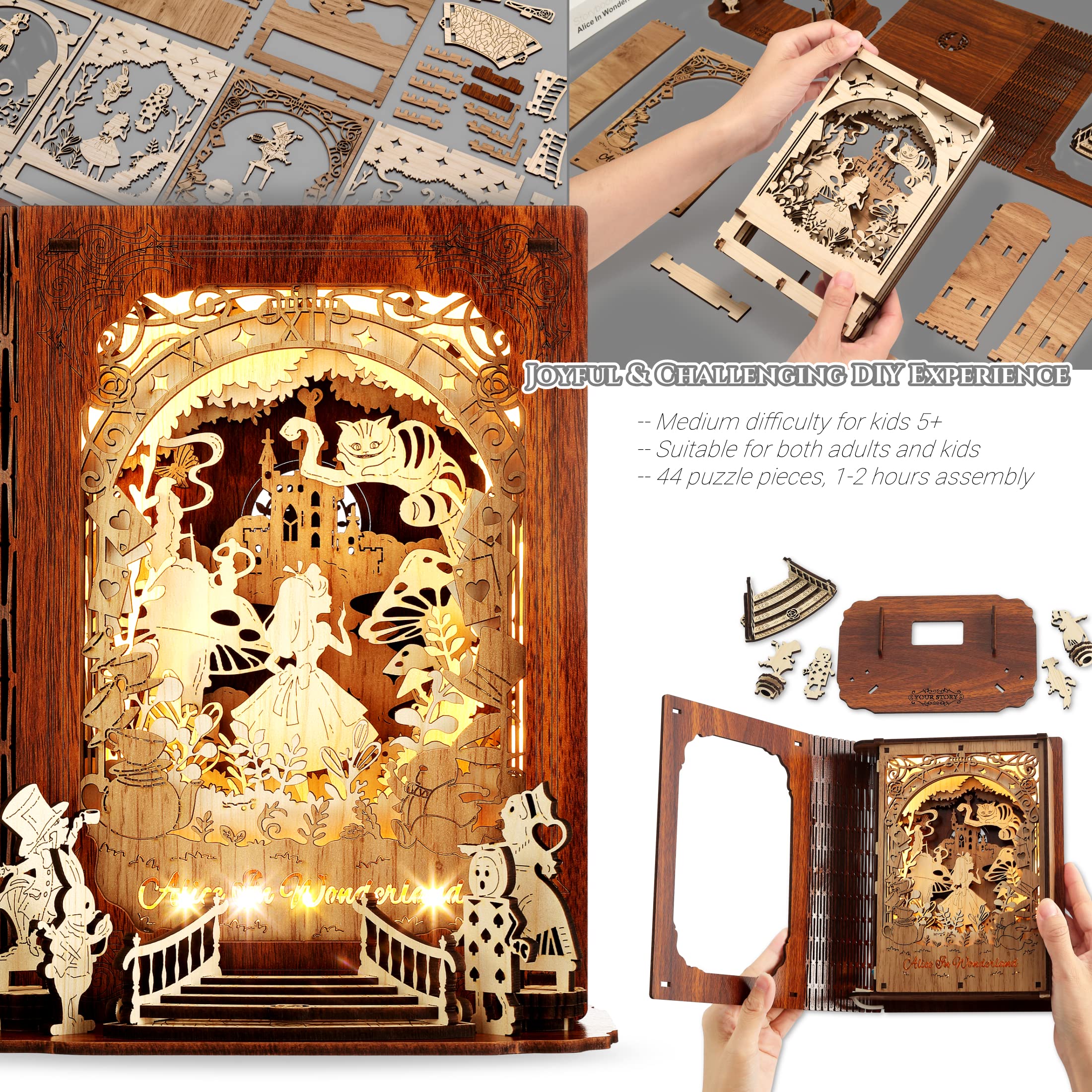 FUNPOLA Alice in Wonderland 3D puzzle nightlight shows intricate forest scene during assembly.