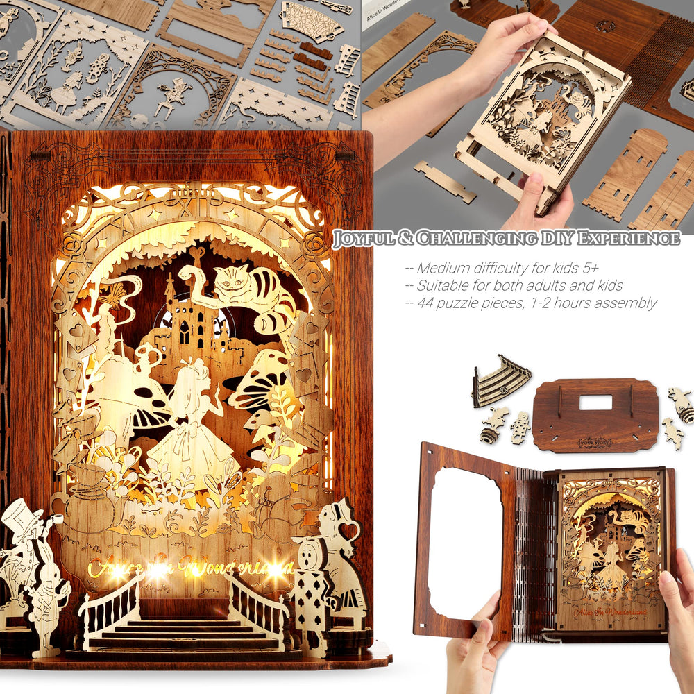 FUNPOLA Alice in Wonderland 3D puzzle nightlight shows intricate forest scene during assembly.