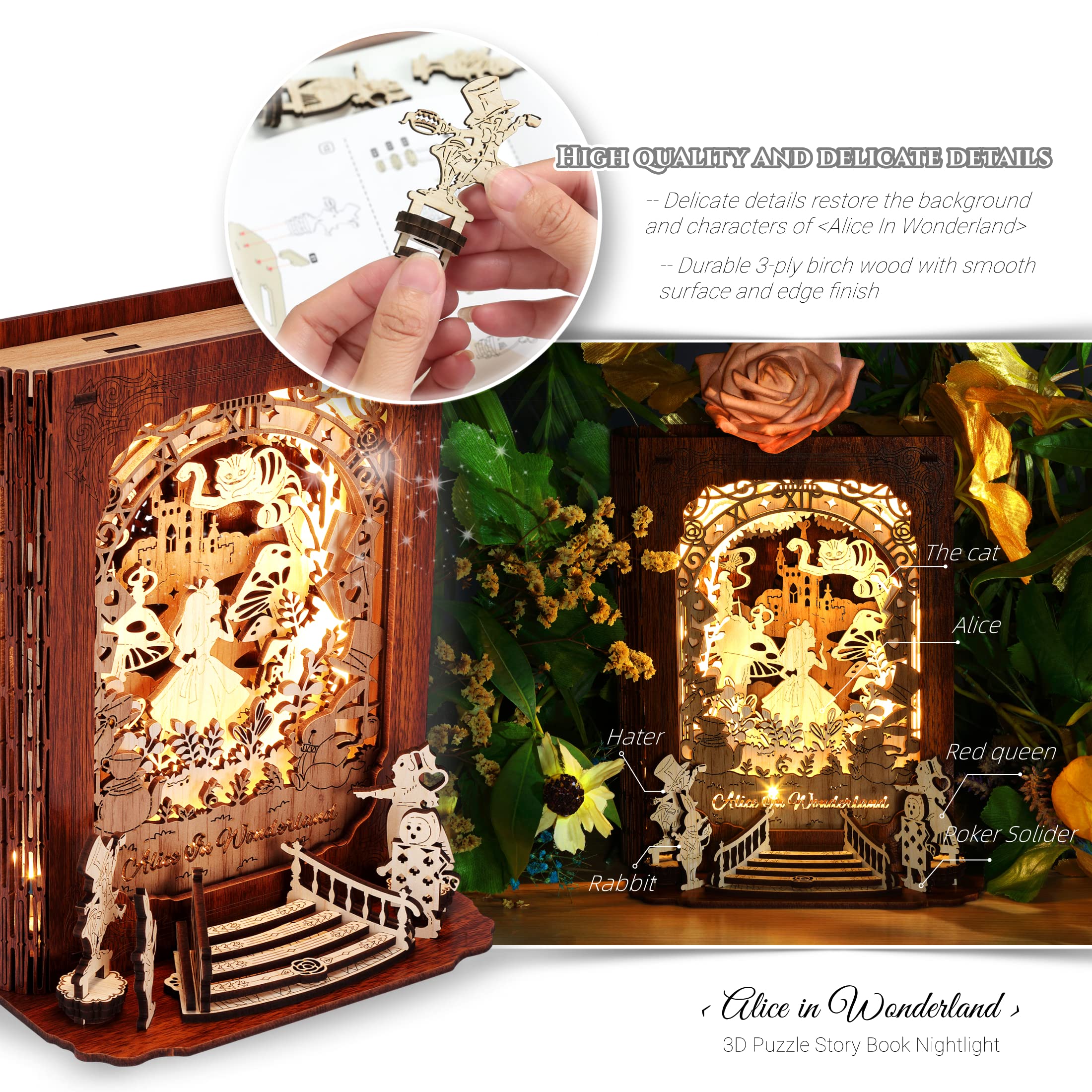 FUNPOLA Alice in Wonderland story book lamp emits a warm LED glow for any room.