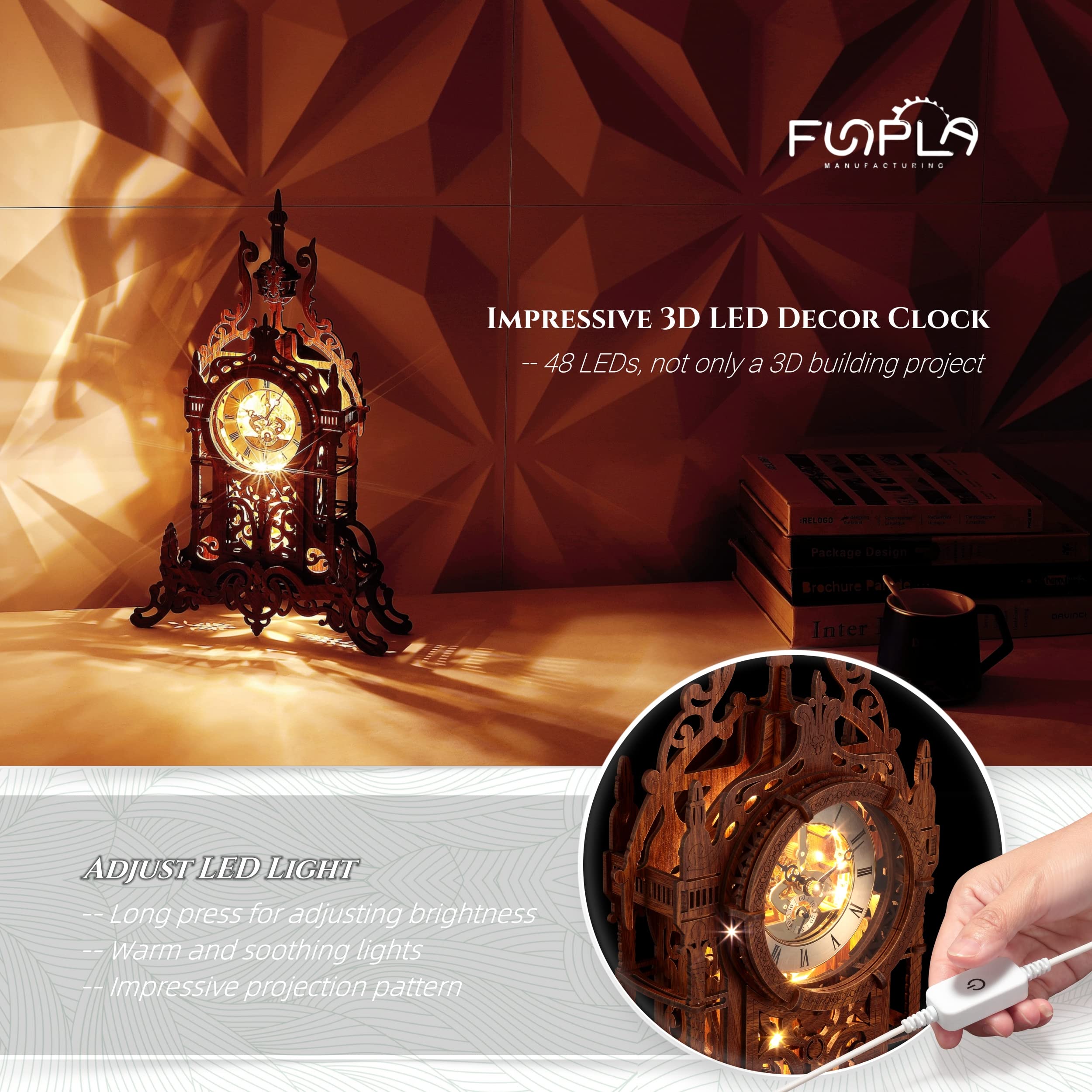 FUNPOLA LED 3D Clock Tower assembly step visuals illustrate clear instructions for smooth setup.