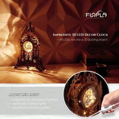 FUNPOLA LED 3D Clock Tower assembly step visuals illustrate clear instructions for smooth setup.