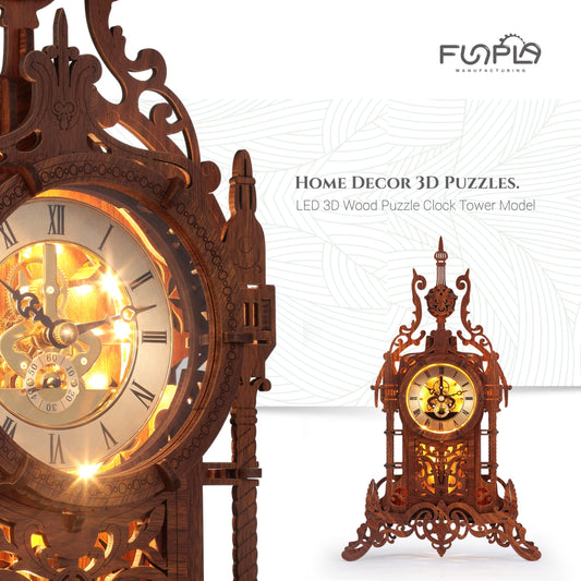 FUNPOLA LED 3D Wood Puzzle Clock Tower detailed parts show premium plywood finish.