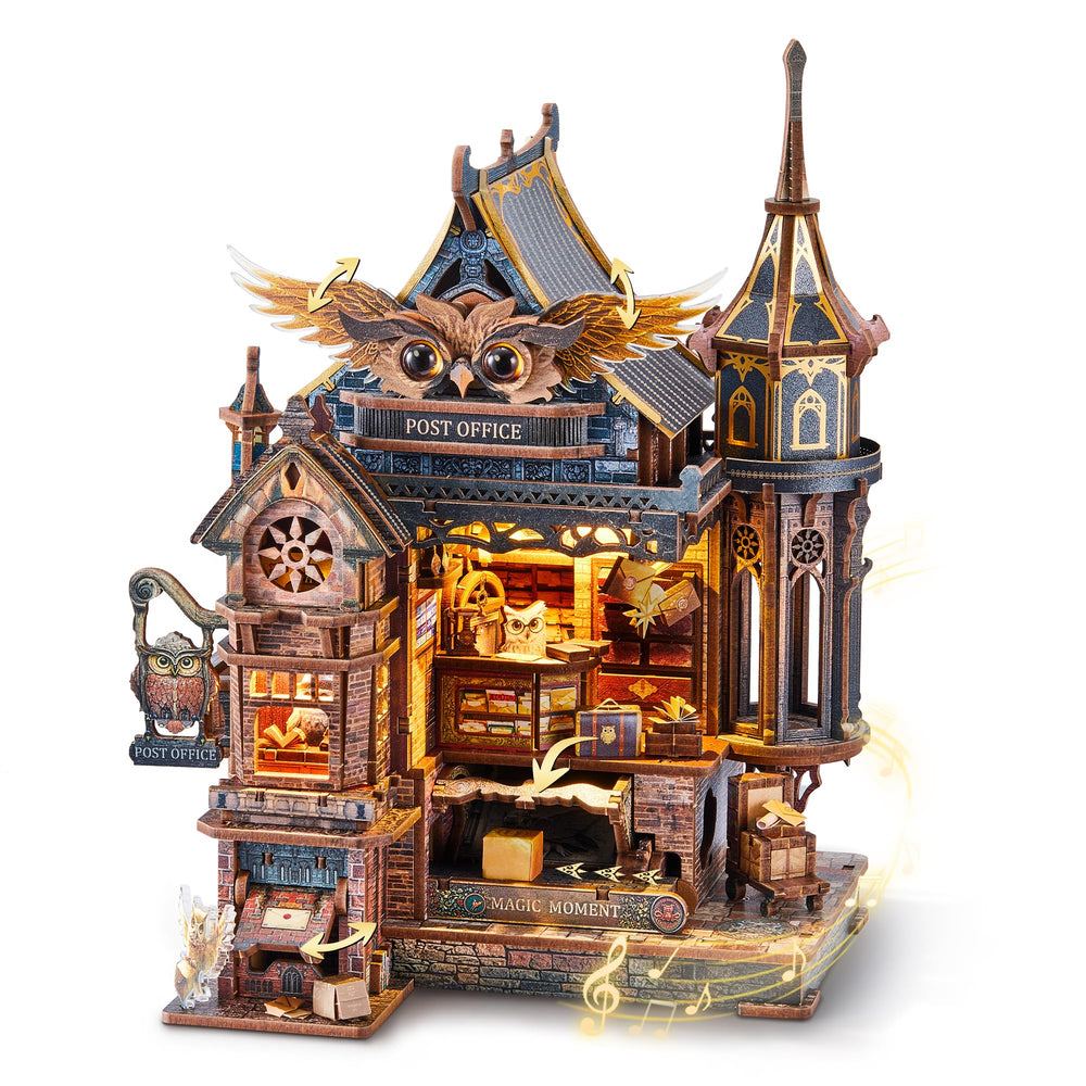 FUNPOLA LED 3D Owl Post Office front view with warm lights for cozy desk decor.