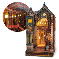 FUNPOLA Magic Library Book Nook Kit with LED glow adding warm ambiance to your shelf.