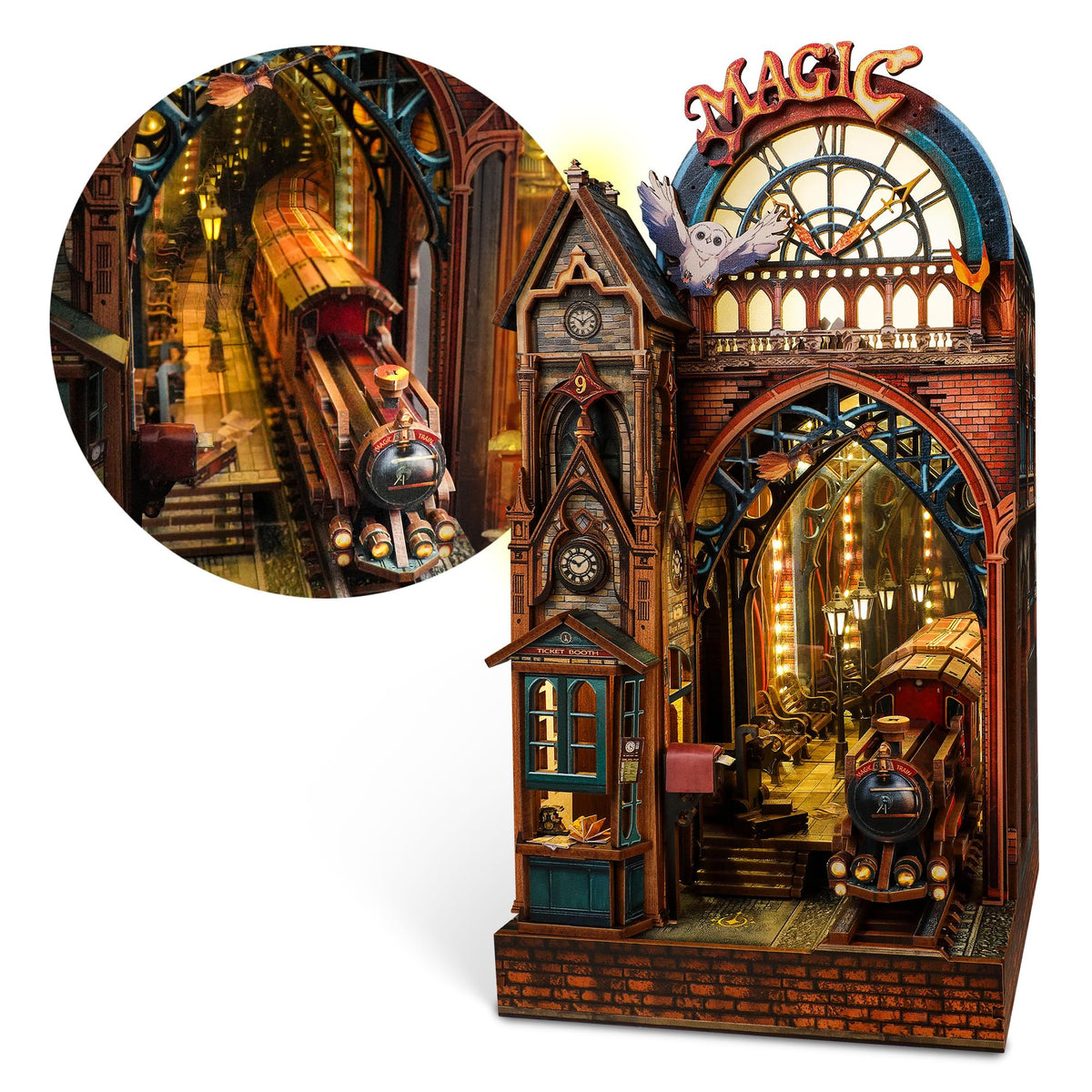 FUNPOLA Magic Station bookend assembly showcases a whimsical scene for shelf decor and cozy reading ambiance.