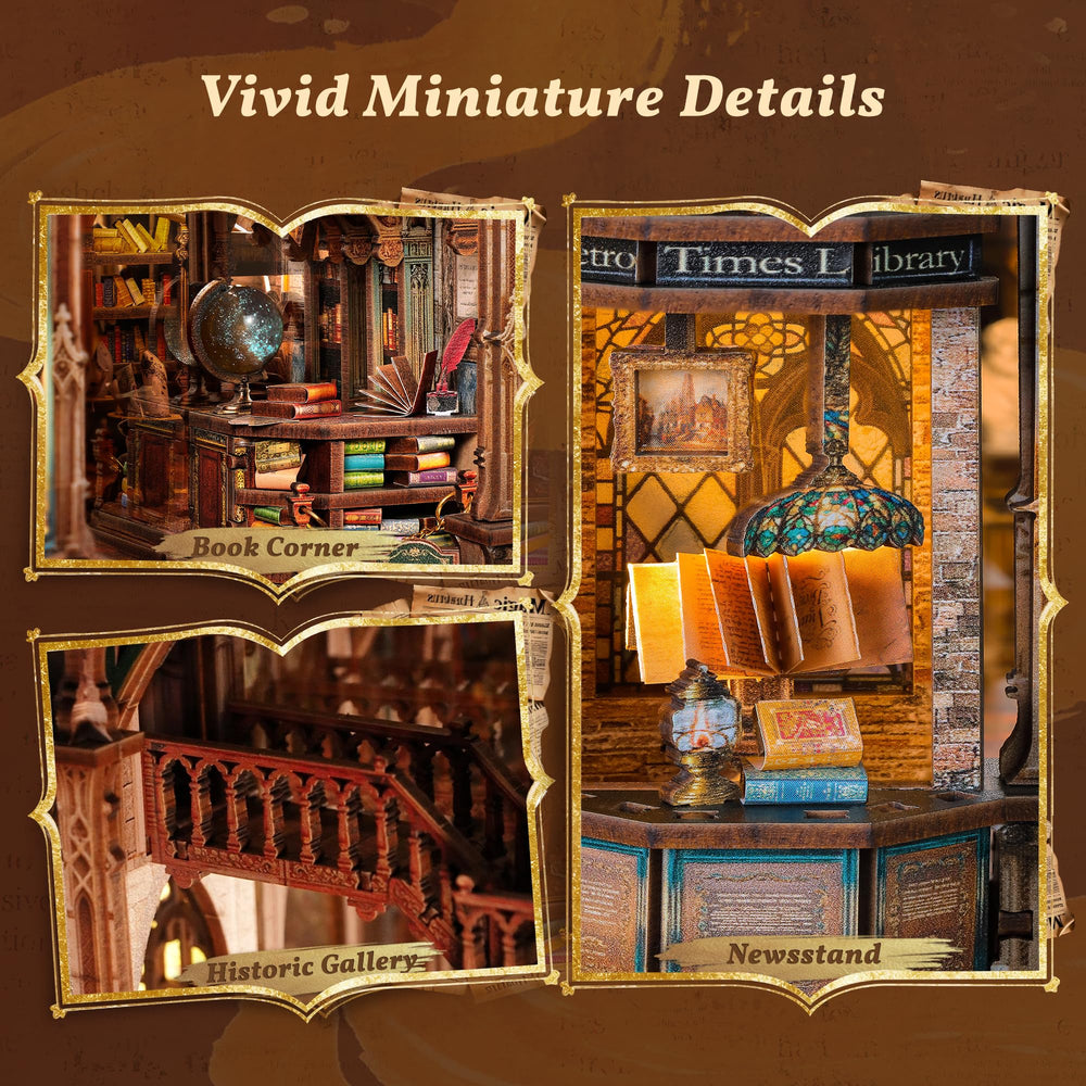 FUNPOLA Warm LED glow bathes the miniature library in soft light.