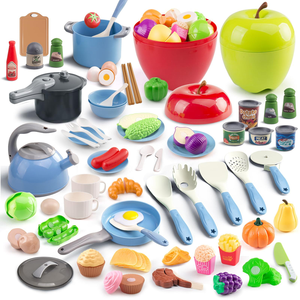 Funpynani 100-piece kitchen playset blue with pretend cookware for imaginative play